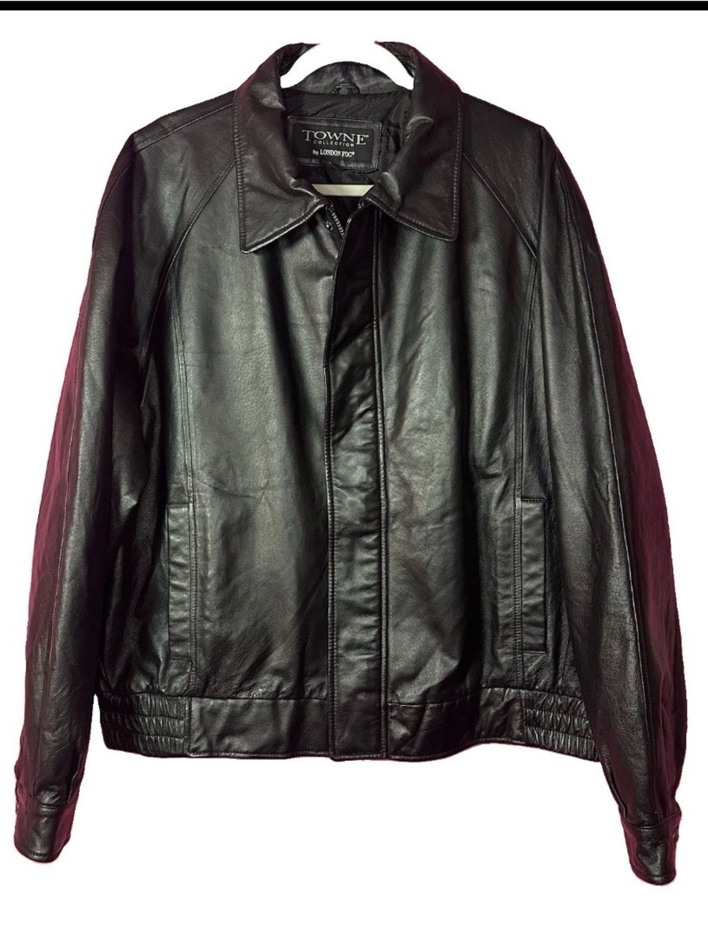 Y2K Towne London Fog Bomber Leather Jacket Black Motorcycle Biker Vintage XL 90s